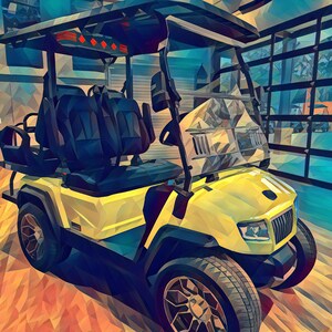 May include: A yellow golf cart with black seats and a black roll cage. The cart has a black windshield and black wheels with silver accents.