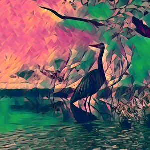 May include: A blue heron stands in a green and pink water scene. The heron is in the foreground of the image, with a green and pink background. The heron's head is turned to the right, and its beak is open. The water is calm and still.