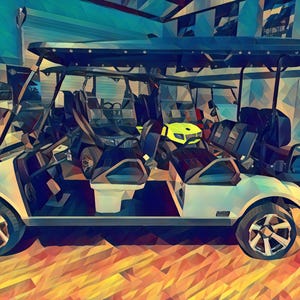 May include: A white golf cart with a black roof and black seats. The cart has a black steering wheel and a black dashboard. The cart is parked in a garage with other golf carts in the background.