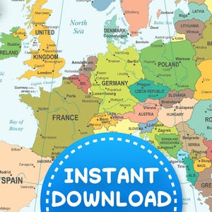 Hochauflösende druckbare Europa Karte PDF Vektor + JPG, sofortiger Download der politischen Landkarte Europas, digitale Landkarte Europa