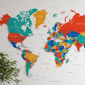 Impresión digital de mapa del mundo colorido: arte grande para la decoración del hogar y la oficina / Mapa de viaje vibrante, póster para guardería infantil / Mapa detallado educativo