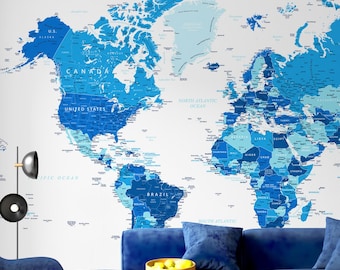 Blue Political World Map Poster – Detailed Printable Wall Art (Digital Download)