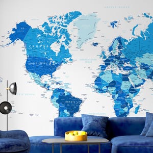 Mapa detallado del mundo - Mapa azul imprimible / Póster de mapa político del mundo / Mapa grande del mundo descargable / Impresión de mapa azul para decoración de pared