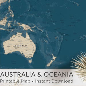 May include: A large, teal-colored map of Australia and Oceania, with beige landmasses and detailed geographical features. The map includes the text "AUSTRALIA & OCEANIA Printable Map Instant Download" and a circular label that says "EXTRA LARGE digital download".
