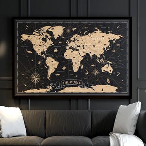 Mapa del mundo vintage imprimible en negro y dorado: póster de estilo antiguo (descarga digital)