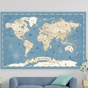 Kids World Map - Blue Printable Poster - Large Educational Classroom Art, Homeschool Wall Decor Print