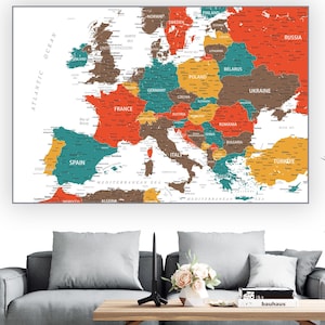 Mapa de viajes de Europa - Mapa político digital colorido de Europa, mapa listo para imprimir, países de Europa, póster de mapa europeo, arte mural grande