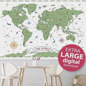 Afdrukbare dierenwereldkaart print - kinderwereldkaart poster, kaart kinderkamer, grote groene wereldkaart, kinderkamer decor, speelkamerkaart, boho kaartkunst