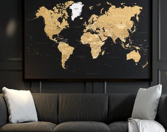 Mapa del mundo en oro negro para pared - Impresión grande - Mapa imprimible de alta resolución para póster o fondo de pantalla