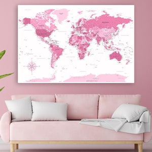 Mapa del mundo rosa imprimible: mapa de decoración moderna, arte de viaje, mapa de habitación infantil, impresión de arte de pared rosa, regalo digital para niñas, regalos para adolescentes