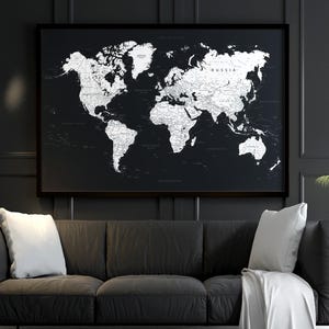 Afdrukbare zwart-wit wereldkaart muurkunst | Grote wereldkaart | Gedetailleerde kaart met hoge resolutie voor poster, behang en afdrukken (digitale download)