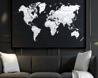 Mapa del mundo en blanco y negro imprimible para pared / Mapa del mundo grande / Mapa detallado de alta resolución para póster, papel tapiz, impresiones (Descarga digital)