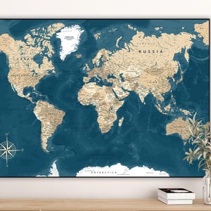 Digitale download kaart van de wereld - marineblauwe afdrukbare muurkunstposter | Gedetailleerde vintage kaart