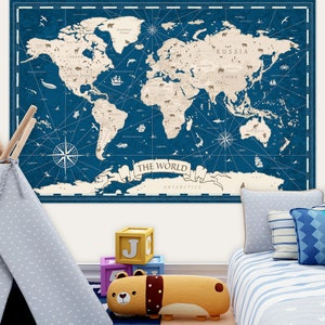 Boho Weltkarte für Kinder in Marineblau - Druckbare Karte für Kinderzimmer, digitale Weltkarte Poster, pädagogisch wertvolle Wandkunst für Kinder