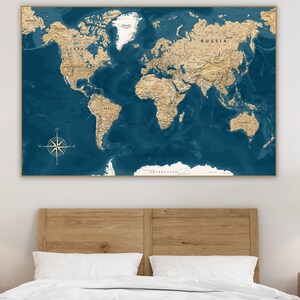 Highly detailed printable World Map poster in Blue Gold colors, Downloadable large wall Map, Digital print World Map, Vintage Political Map