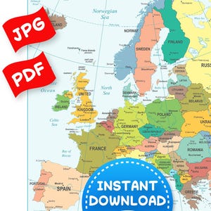 Hochauflösende druckbare Europa Karte PDF Vektor + JPG, sofortiger Download der politischen Landkarte Europas, digitale Landkarte Europa