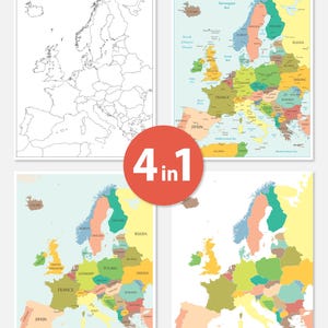 May include: Four printable educational maps of Europe are displayed. The maps include a blank outline, a detailed political map, and two colourful maps. The text "4 in 1" is in a red circle. The text "PRINTABLE EDUCATIONAL SET 4 MAPS OF EUROPE" is on the left.