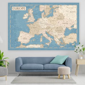 Utskrivbar Europakarta blå beige, Pastellfärgad väggkonst för barn, Vintage Europakartatryck, Digital nedladdning av Europakarta, Boho barnrumskarta för barn