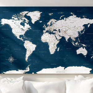 Ingelijst canvas wereldkaart muurkunst - blauwe oceaan wereldkaart poster | Reiskaartafdruk, groot minimalistisch muurdecor, cadeau voor reizigers