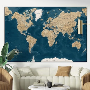 Highly detailed printable World Map poster in Blue, Gold colors, Downloadable large wall Map, Digital print World Map Vintage Political Map