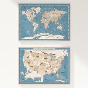 Neutrale blau-beige Weltkarte mit den USA - Poster zum Ausdrucken - Boho Wohnkultur, rustikale Klassenzimmer Wandkarten (digitaler Download)