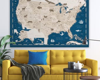 印刷可能なアメリカ地図 | 州名入りの白黒アメリカ壁アート | かわいい