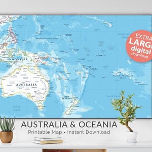オーストラリア、フィリピン、ニュージーランドの地図 - 印刷可能なオセアニア地図 - ニュートラルウォールアートデジタルダウンロード