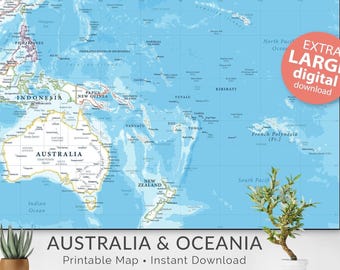 Mapa de Australia, Filipinas y Nueva Zelanda - Mapa de Oceanía para imprimir - Arte mural neutro (descarga digital)