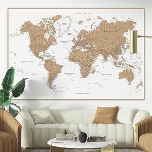Mapa-múndi com países - Mapa-múndi bege e marrom para impressão | Mapa-múndi digital em cores neutras para arte de parede, pôster, papel de parede, impressões