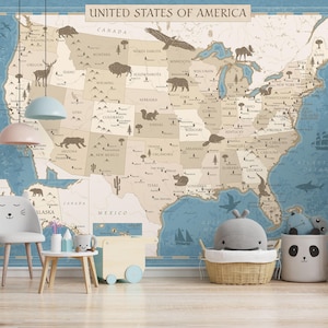 Printable Kids Map of the United States, USA Map with Illustrations, Classroom Homeschool Decor Map, Educational Wall Art, Blue Beige Poster