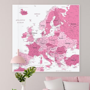 Póster de mapa de Europa rosa: regalo digital para arte de pared de dormitorio de niñas / regalo imprimible para aniversario de bodas en papel / decoración de dormitorio y hogar de niñas.