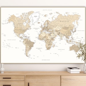World Map Print with countries - Printable beige brown World Map | Digital neutral colors Map for wall art, poster, wallpaper, prints