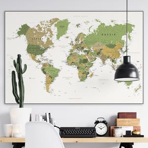 Mapa del mundo verde para imprimir - Póster de mapa del mundo digital / Descargar mapa del mundo con países / Mapa de pared para decoración de dormitorio / Mapa de viaje imprimible