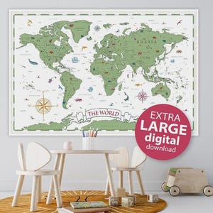 Druckbare Tiere Weltkarte Poster - Kinder Weltkarte Poster, Kinderzimmer Karte, große grüne Weltkarte, Kinderzimmer Dekor, Spielzimmer Karte, Boho Kartenkunst