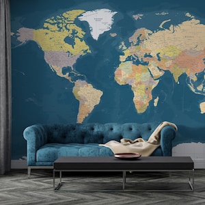 Mapa Político Mundial Detalhado em Estilo Vintage - Pôster Imprimível em Azul Cobre - Impressão Grande para Decoração de Parede (Download Instantâneo)