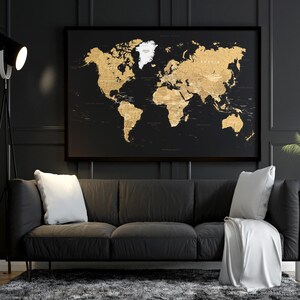 Schwarz & Gold Weltkarte Wandkunst | Großes Schwarze Weltkarte Digitales Poster | Druckbare hochauflösende Karte im Vintage Stil für Poster, Wallpaper, Drucke
