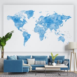 Blaue Aquarell Weltkarte Digital - Druckbare blaue Karte, Wand Kunst Karte Poster, Reisekarte, Weltkarte mit Ländern, Kinder modernes Wohndekor