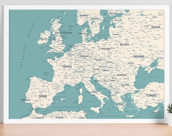 Europe Map Printable - Map of Europe Digital, European Countries, Download Printable Modern Map of Europe EU Large Poster Art Print Gift