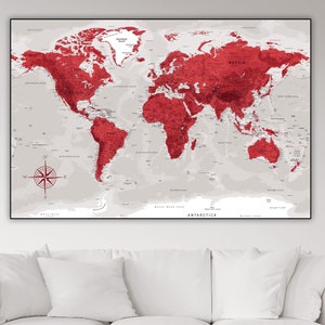 Rote Weltkarte - Herunterladbare hochauflösende digitale Karte mit Ländern | Große Weltkarte Poster zum Ausdrucken | Detaillierte Karte der Welt Rote Wandkunst