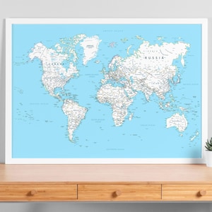 Digitale Weltkarte mit Ländern - Großes weißes und blaues Weltkarten Poster | Weltkarte Poster | Zuhause Schule Wohnheim Wand Kunst Dekor