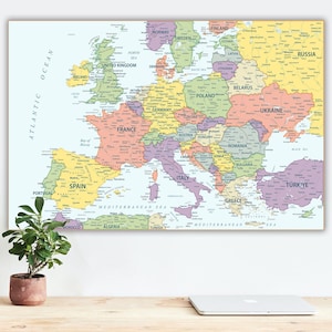 Mapa político digital de Europa, mapa europeo detallado para imprimir, póster con el mapa de Europa, países de Europa, póster de arte mural de Europa, mapa de Europa