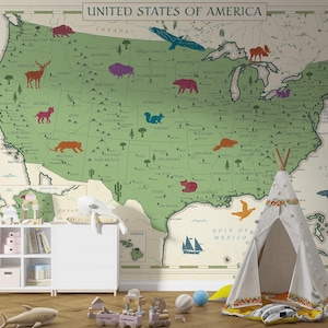 Mapa infantil dos EUA para impressão - Mapa digital verde pastel, animais dos Estados Unidos, mapa da América, mapa dos EUA para berçário, quarto de criança, arte de parede Boho