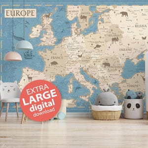 Druckbare XL Europa Karte Poster - Kinder Pastell Wandkunst, Kinderzimmer Kunst, Illustrierte Europa, Kinderzimmer, Europa Karte für Kinder, Boho Kinderzimmer Karte