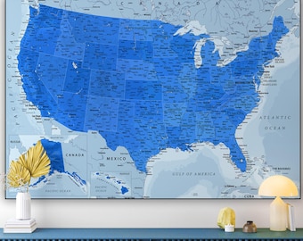 Stampa mappa dettagliata degli Stati Uniti in blu – Poster didattico degli Stati Uniti (download digitale)