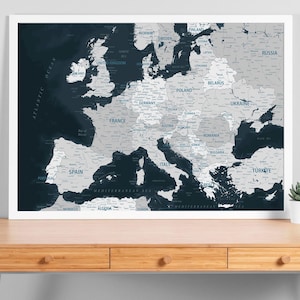 Europa Karte Digital Download schwarz grau Poster, Detaillierte Karte Europas für die Reise, Karte für die Schule, Europa Karte Wandkunst