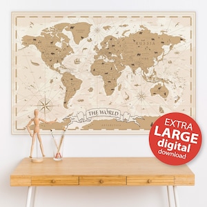 Vintage World map digital download print in neutral brown beige colors | Printable world map | Extra large world map poster, retro map print