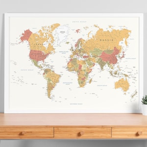 Impresión de mapa del mundo - Póster imprimible muy detallado - Mapa de colores cálidos Descarga digital, Mapa del mundo educativo para la educación en el hogar, Arte de pared con mapas