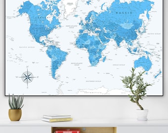 Blue World Map Printable - Instant Download High-Resolution Digital Map | Detailed Blue Map Print | Large Map Poster | World Map Download