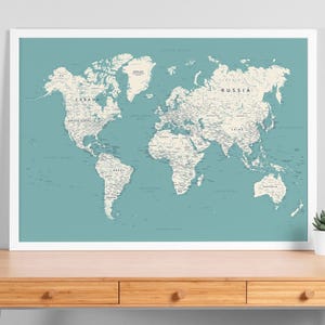 Weltkarte | Weltkarte Extragroße Wandkunst | Blau und Beige Farben Weltkarte Poster Reise | Detaillierte Reise Weltkarte als digitaler Download