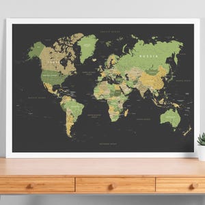 Detaillierte druckbare Weltkarte Poster in schwarz und grün Farben, herunterladbare große Wandkarte, Digitaldruck Weltkarte, Vintage politische Karte